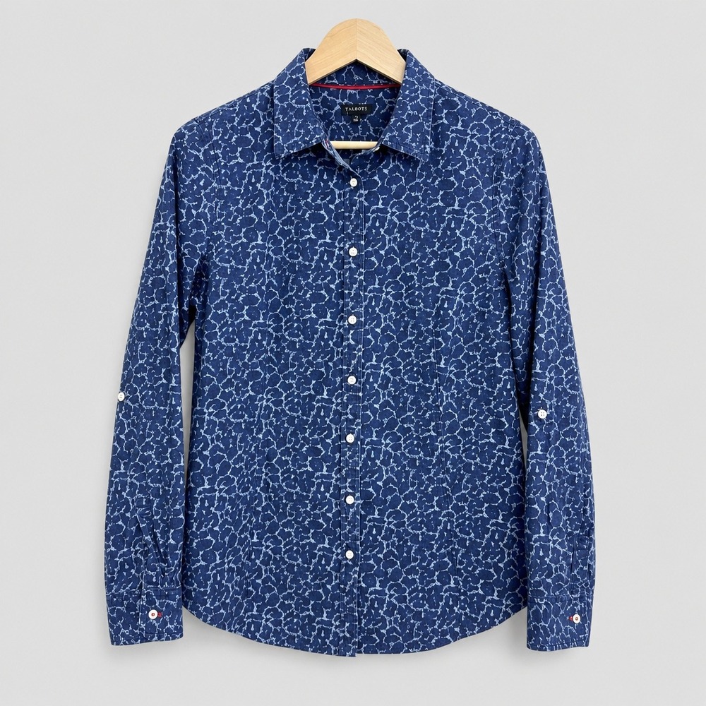 Talbots Button Down Shirt Womens 14 Blue Abstract Pattern Cotton Roll Tab Sleeve
